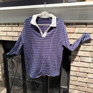 Long sleeve Johnny collar knit top, blue/brown, size Large, EUC